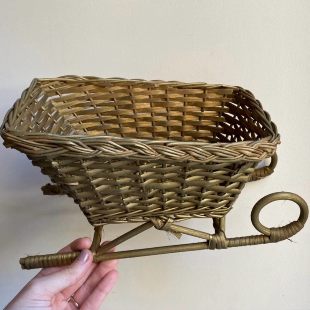 Vintage Boho Gold Wicker Sleigh Holiday Winter Rattan Christmas Basket